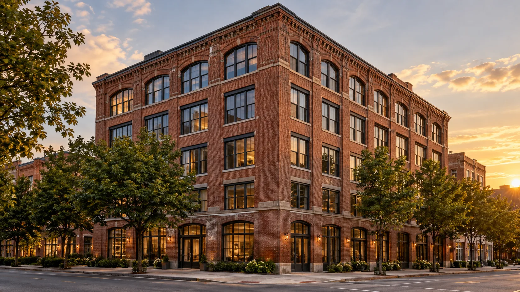 Illustrative brick loft apartment building